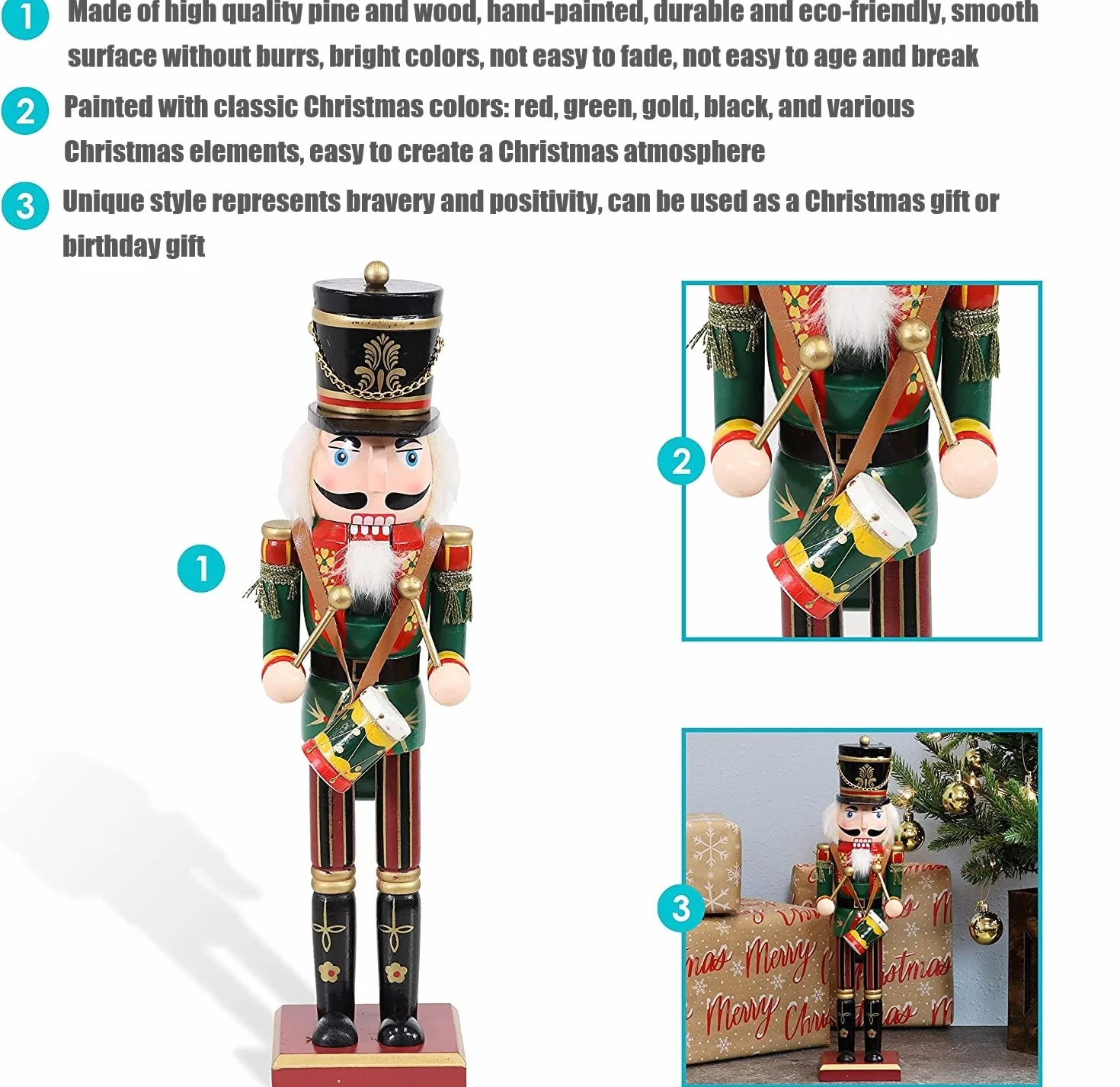 KAHEIGN 2 Piezas Soldados de Cascanueces de Madera, 2 Estilo 30CM Figuras de Cascanueces Tradicionale de Navidad Soldado Pintado de Madera de Pino de Primera Calidad por Decoración (Tambor & Espada)