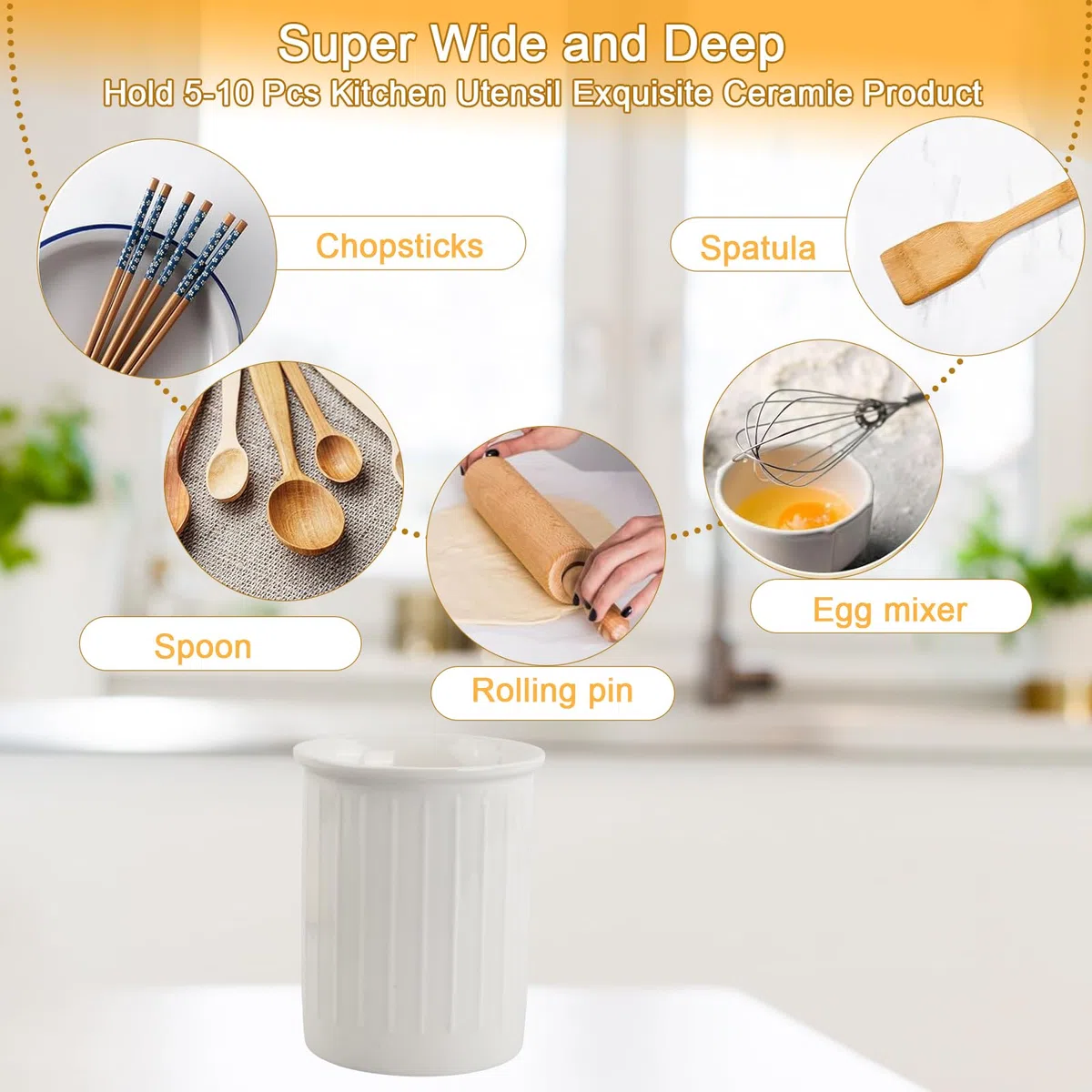 Bote Utensilios Cocina Bote para Utensilios Soporte para Utensilios de Cocina Kitchen Utensilhalter Porta Utensilios de Cerámica Porta Cucharas de Cocina para Encimera Cocina, Blanco