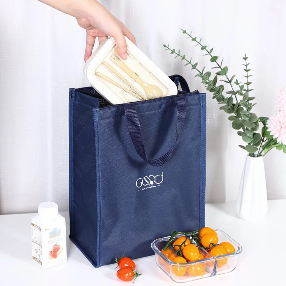 Bolsa de Almuerzo Aislada, Bolsas Térmicas, Bolso de Picnic Plegable, Bolsas Porta Alimentos, Tres Capas de Tela Gruesa, para llevar el Almuerzo al Trabajo, Escuela, Picnic, Azul Marino