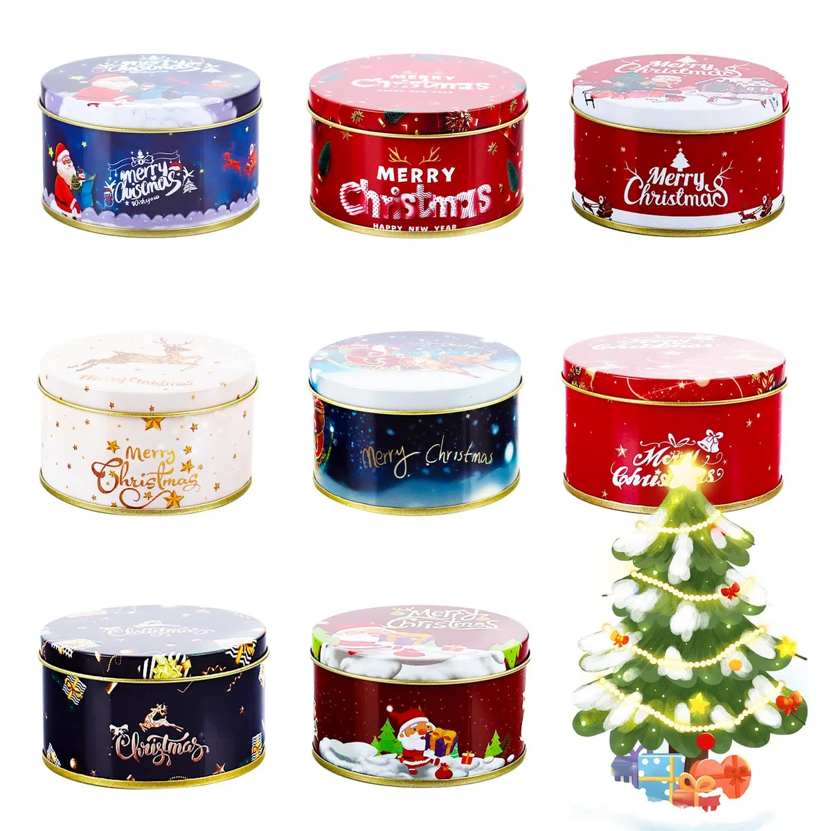 8 cajas de metal con tapa, mini cajas de galletas navideñas, latas de almacenamiento de Navidad, mini latas de metal para dulces y aperitivos
