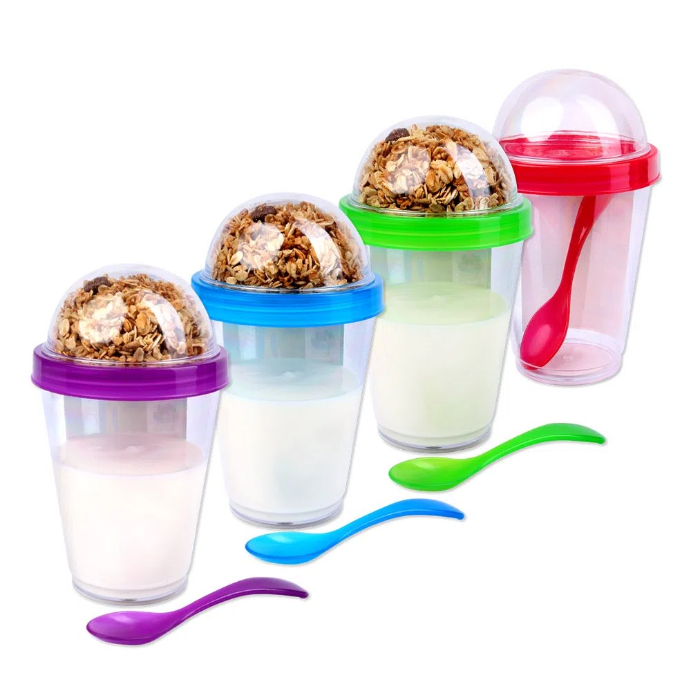 4 vasos de cereales con tapa, varios colores, 4 colores, incluye cuchara y tapa con depósito para cereales