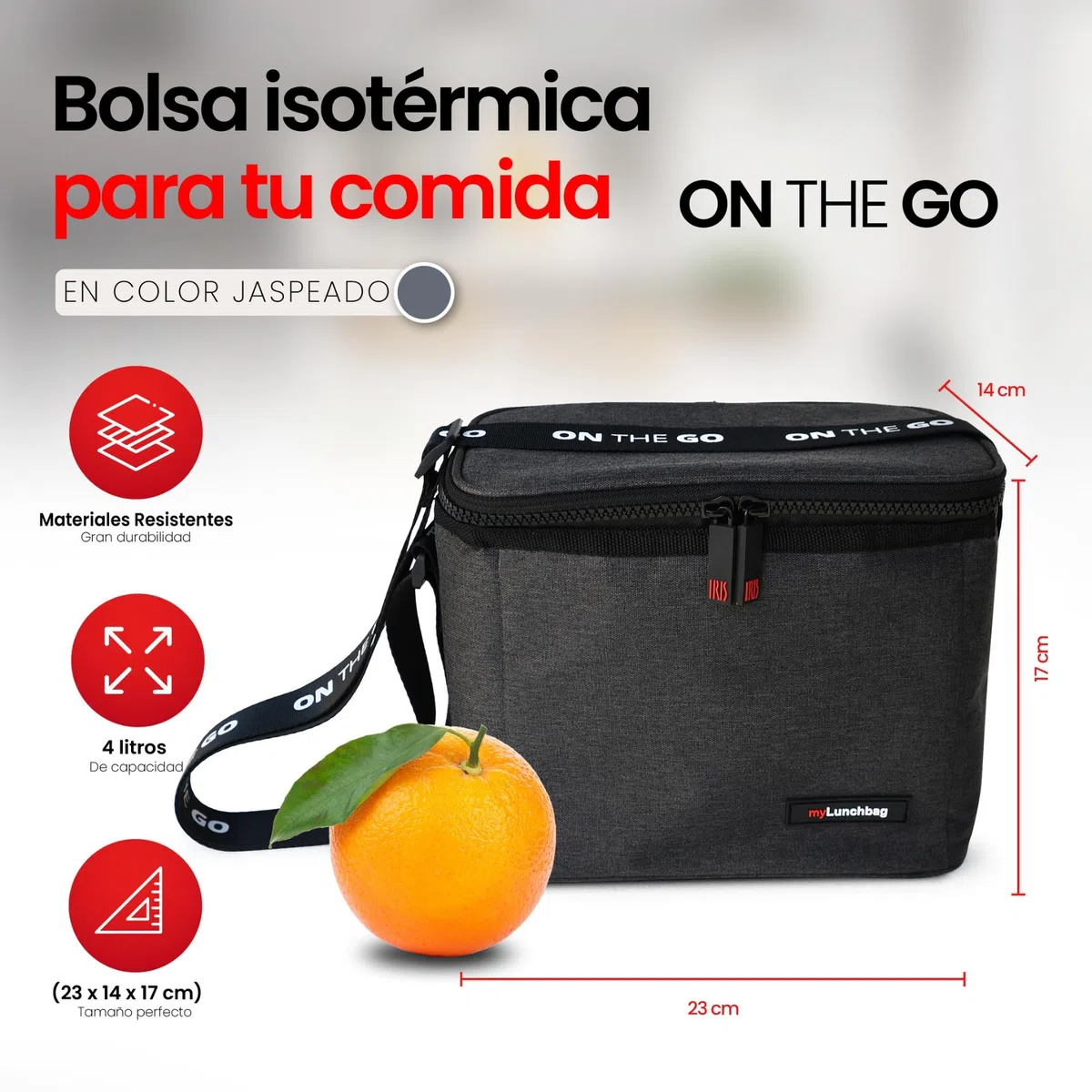 Iris Barcelona - Bolsa Térmica Porta Alimentos 4L Negro - Bolsa Almuerzo, Bolsa Isotérmica para Comida, Lunch Bag Portátil, Bolsa Nevera Pequeña para Trabajo y Picnic, Mantiene Frío hasta 8 Horas