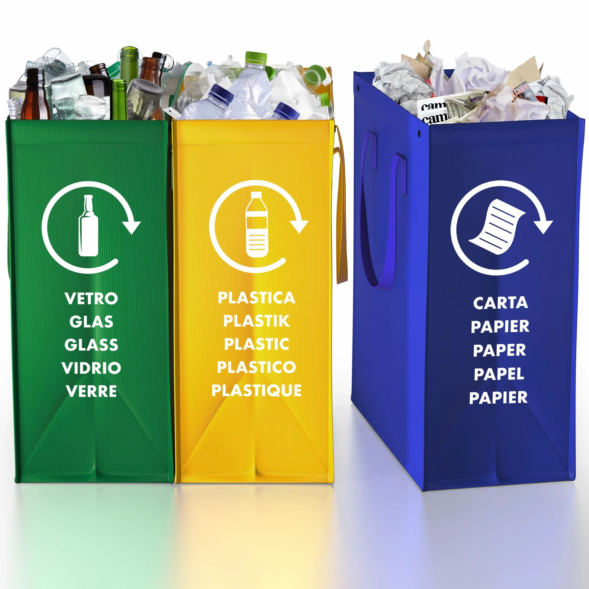 Cubos de basura de reciclaje - 3 Cubo de basura cocina para Papel, Plástico y Vidrio - Set de Cubo basura reciclaje con 3 Compartimentos - Bolsas para reciclar - Cubo reciclaje