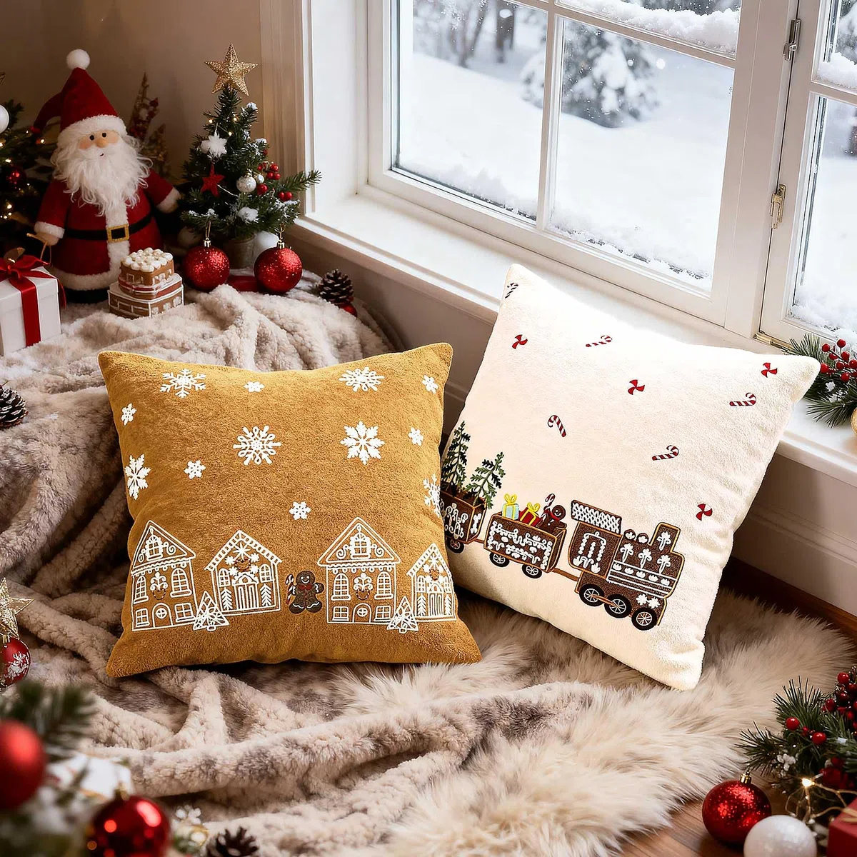 Lanpn Juego de 2 Fundas Cojin Navidad 45x45 cm, Funda Cojines Decorativos Navideños de Hombre de Jengibre Fundas de Almohada Navideñas Decoración Hogar Navidena para Sofá Cama (Beige & Marrón)