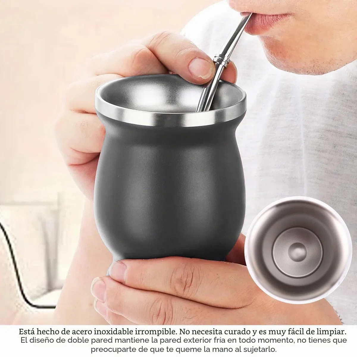 Juego de 2 Vasos de Acero Inoxidable para Té Mate con Cuchara y Cepillo de Limpieza, Dishwasher Safe y Durable para Cocina