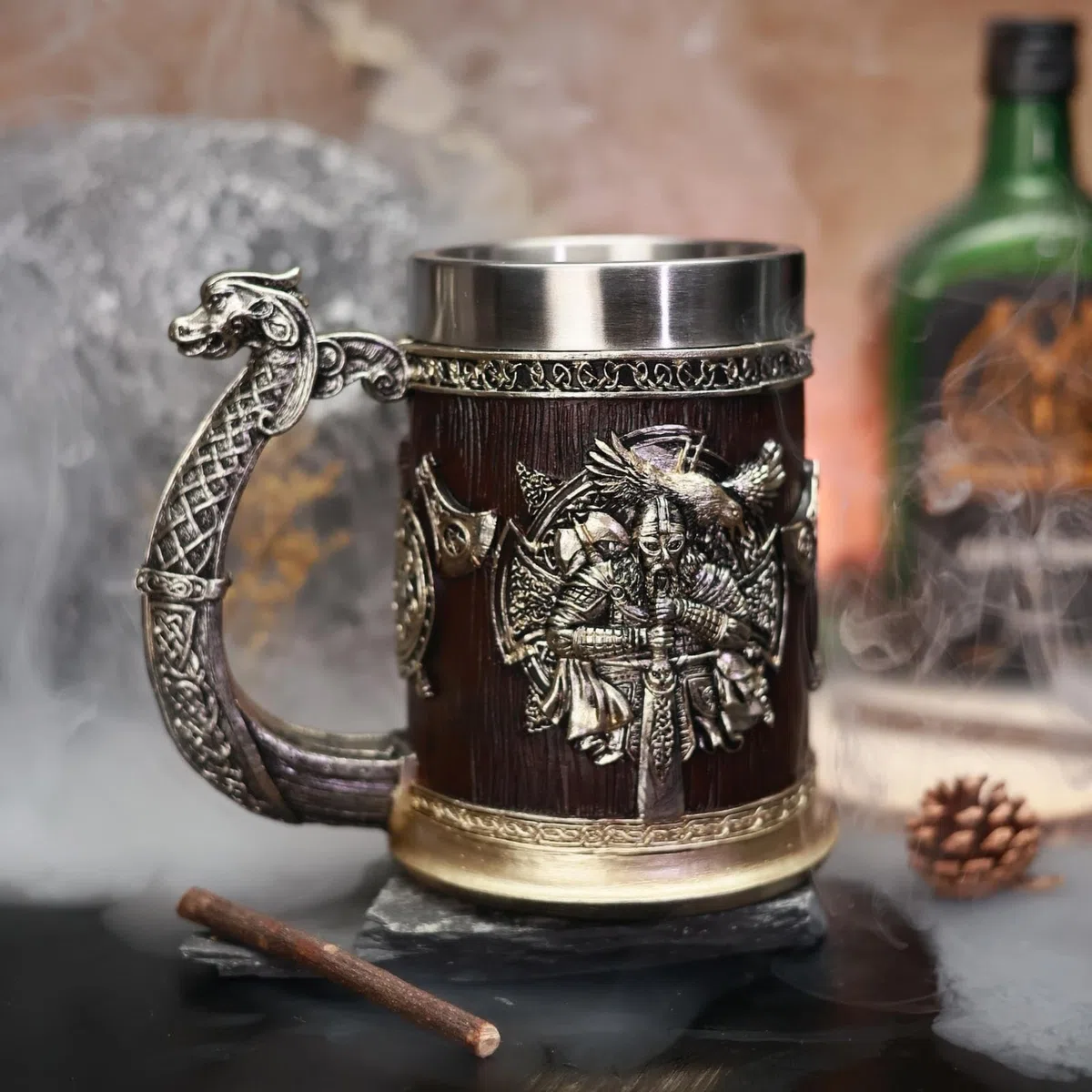 Tazas vikingas para hombres - Tankard nórdico de acero inoxidable | Taza de barril de estilo antiguo, taza rústica de café fría para la decoración de la fiesta, taza de regalos de aspecto de madera, d