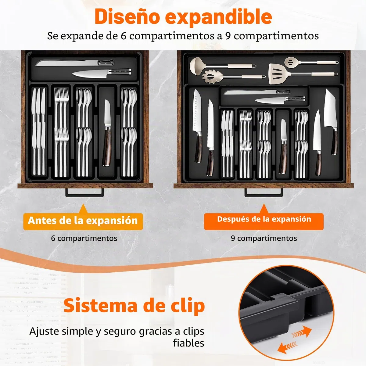 Organizador de Cubiertos, Organizador Cubiertos Expandible Para Cajon Con 10 Compartimentos, Bandeja Cuberteros para Cajon Cocina, Compacto para Cucharas Tenedores Cuchillos