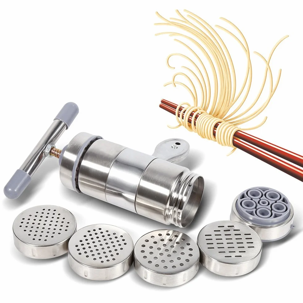 Máquina para Hacer Pasta, Máquina para Hacer Pasta, Prensa para Pasta, Prensa Manual para Pasta de Acero Inoxidable con 5 Cabezales de Molde para Fettuccine Fresco, Espagueti,