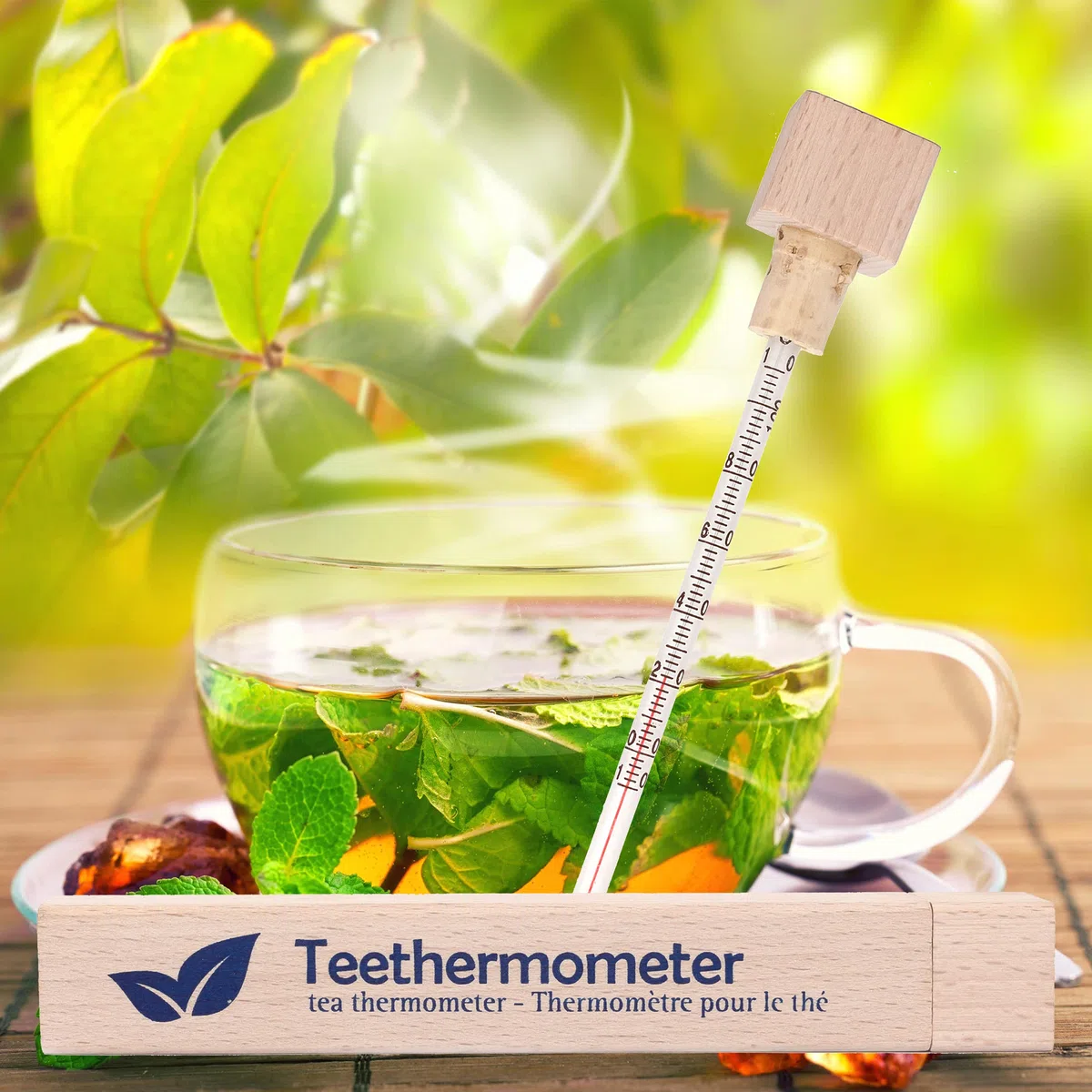Lantelme Termómetro de té de cristal en caja de madera, termómetro analógico para agua de té