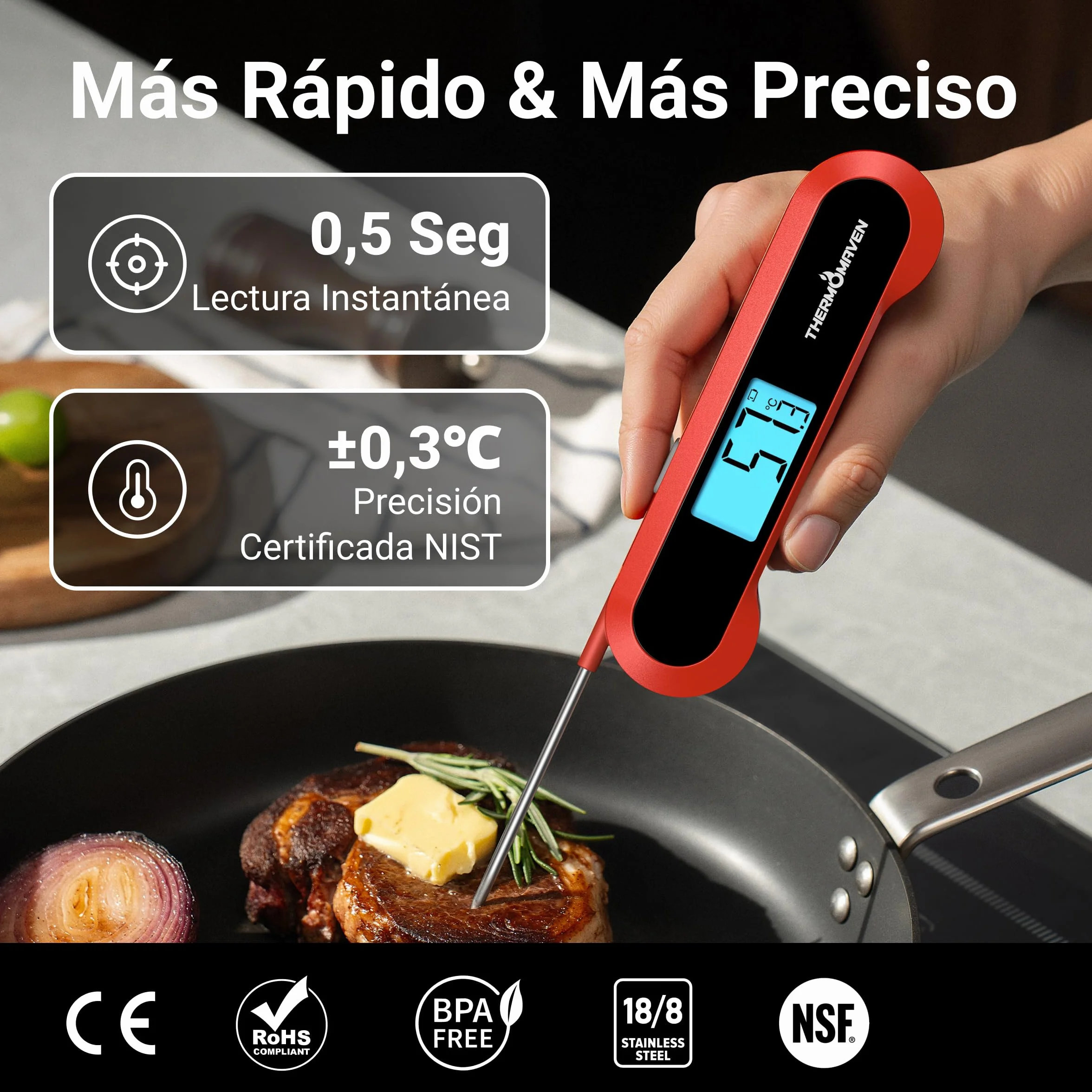 ThermoMaven F1 Termómetro Digital para Carne - Lectura 0,5s Termómetro Cocina, NIST ±0,3°C, IP67 Impermeable Magnético, para Barbacoa Horno Freidora Aire Asado Chuletón, Regalo Hombres Mujeres