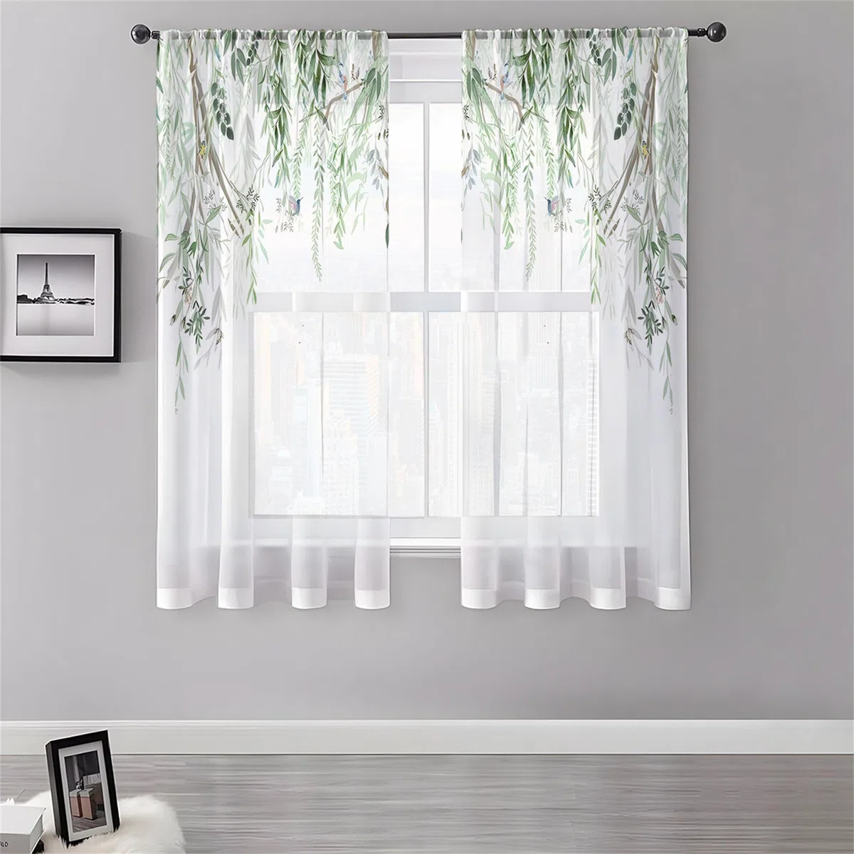 Odot Cortinas de Salon Translucidas con Bolsillo para Barra, Patrón Hoja Verde 3D Cortina Ventana Visillo Moderna 2 Piezas para Decoracion Dormitorio Comedor Cocina