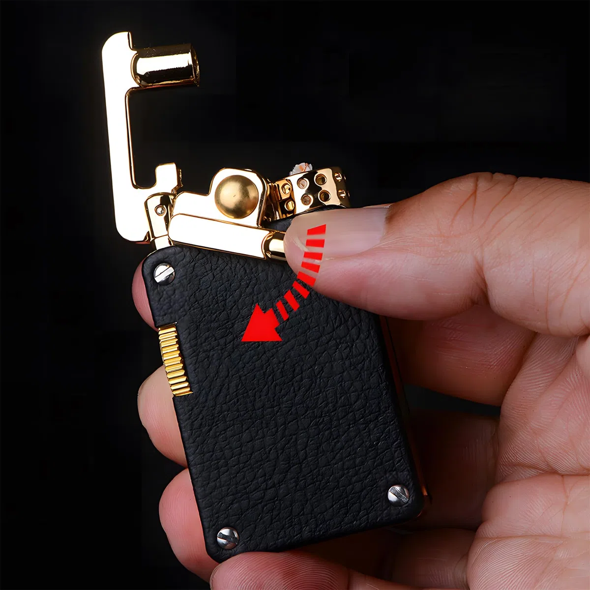 Encendedor De Queroseno Retro con Brazo Basculante, Resistente Al Viento, con Rueda De Molienda, Grabado En Cuero Clásico, Llama Suave, Recargable con Queroseno, Regalo para Hombres (Red Leather)