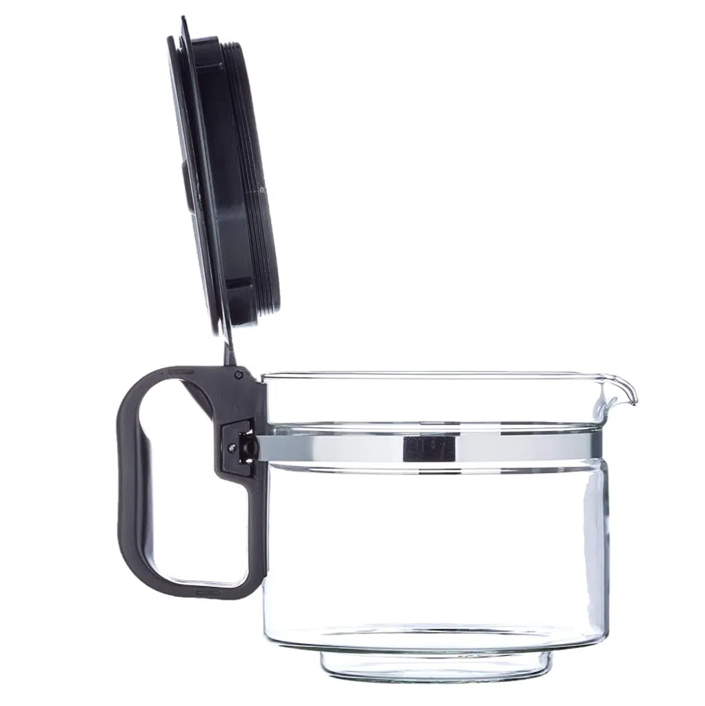 Sanfor - Jarra Cafetera Universal Grande| Jarra de Cafetera Americana o de Goteo Eléctrica | Recipiente Base 85mm, capacidad 1 Litro | Tapa Antigoteo Altura Regulable 1,30-14,5 cm | Taza de Vidrio