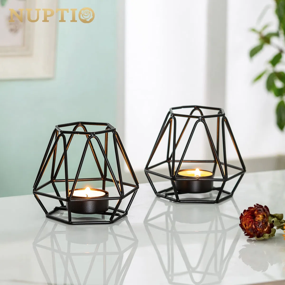 Nuptio 2 Piezas Candelabros Luz Té, Candelabro Té Negro, Candelabros Votivos Candelita Geométrica Hexagonal Metal para Bodas Hogar Sala Estar Mesas Café Decoración, Adornos para Fiesta Navidad