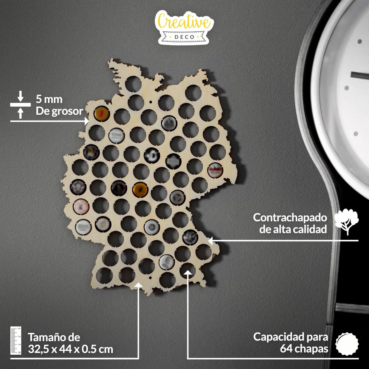 Creative Deco Mapa de Alemania de Contrachapado Soporte para Chapas de Cerveza | 32,5x44x0,5cm | Colección de 64 Tapones de Botellas | Decoración de Pared Artesanal | Regalo para Amantes de la Cerveza