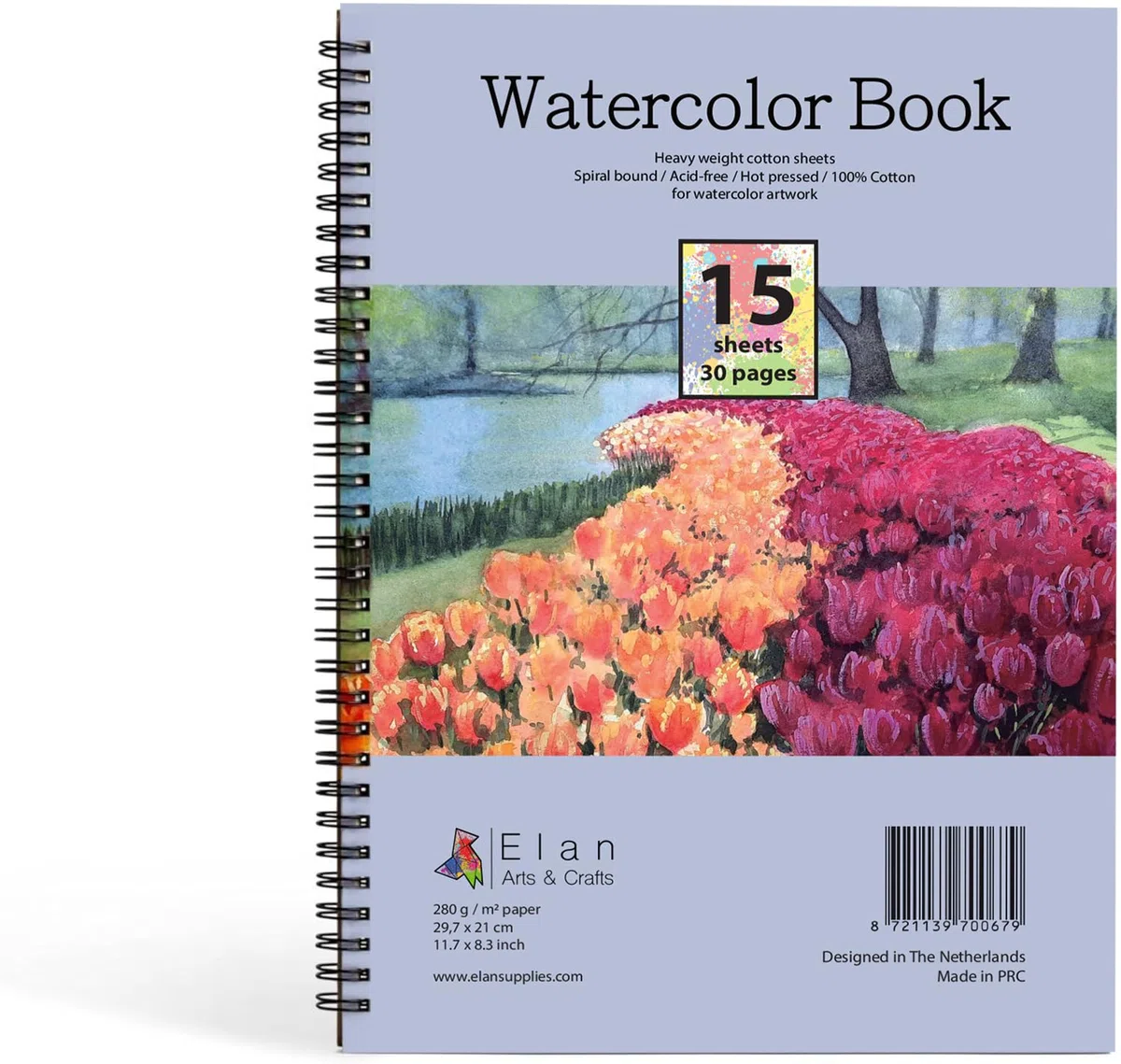 Elan cuaderno de bocetos de acuarela A4, 15 hojas/30 páginas de 280 g/m², papel de acuarela 100% algodón, encuadernado en espiral