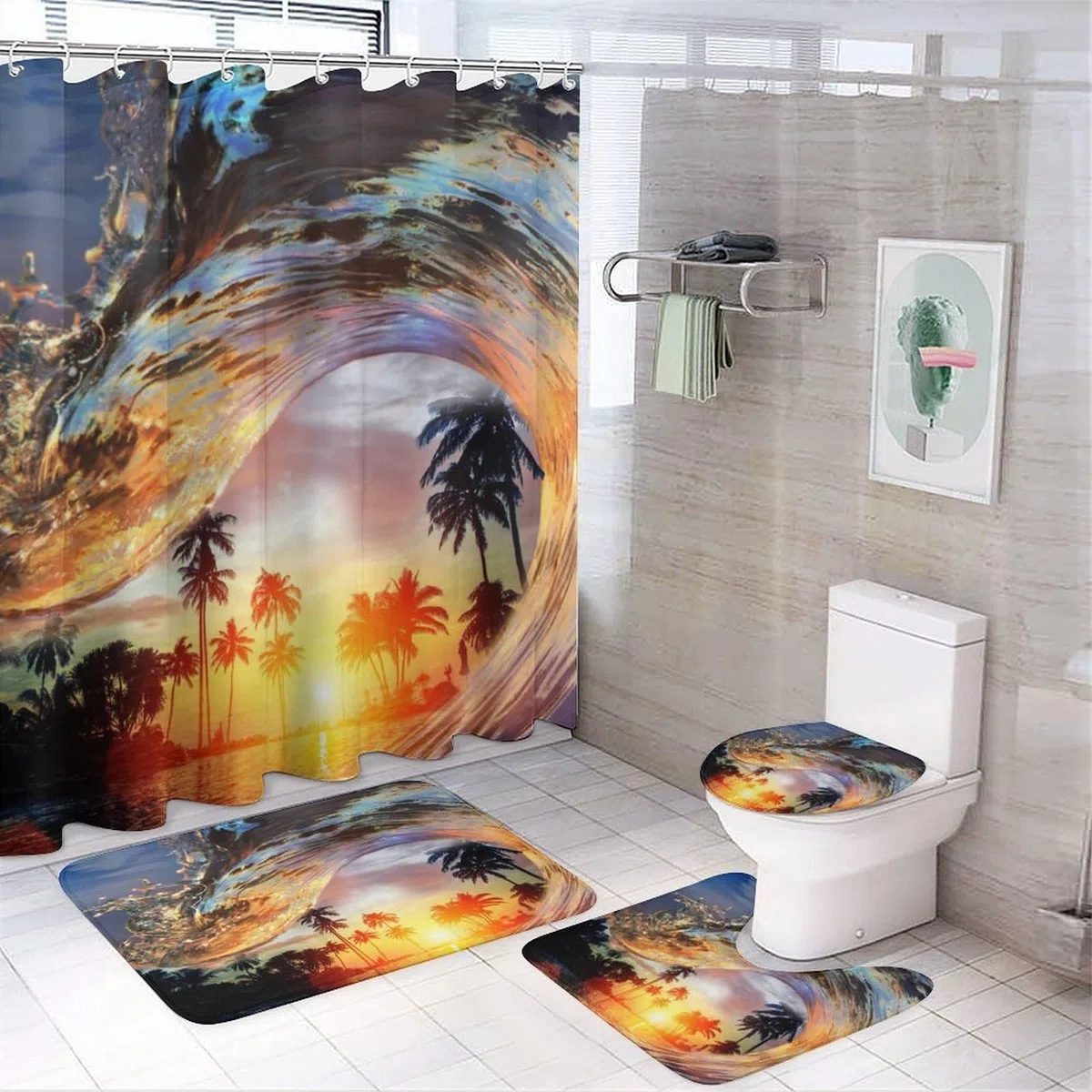 Juego de 4 cortinas de ducha impermeables con temática de surf oceánico, playa, palmeras, puesta de sol, olas con cubierta de inodoro impermeable, alfombra de ducha, 183 x 183 cm