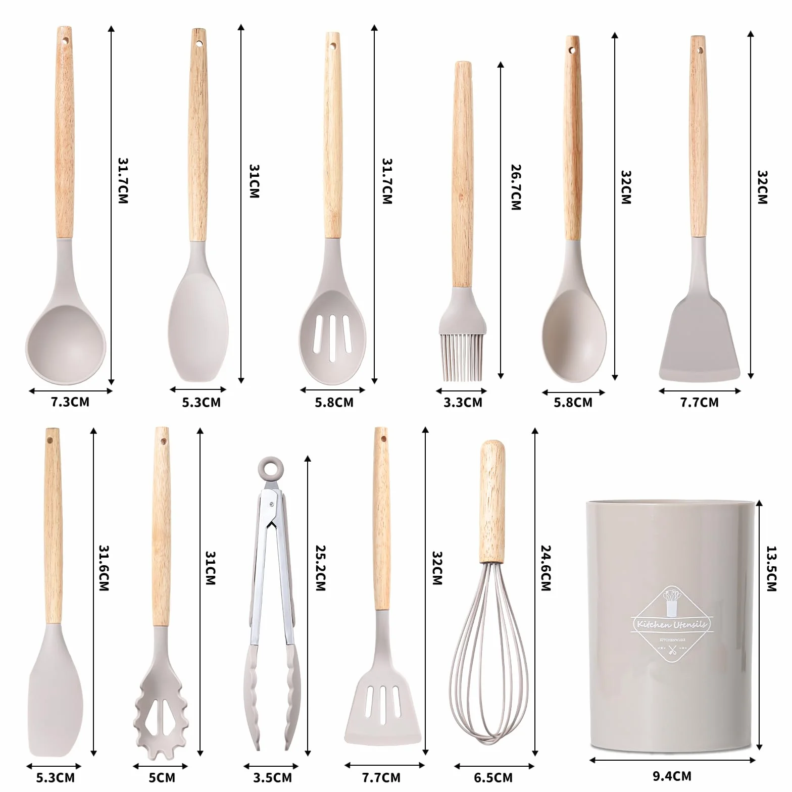 12 Piezas Juego de Utensilios de Cocina de Silicona, Fabricado en Silicona y Mangos de Madera, Resistente al Calor Antiadherente, Utensilios Cocina Apto para Todas Las Ollas y Sartenes