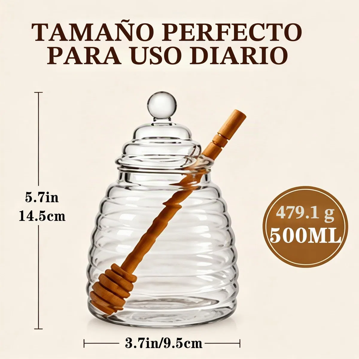 Tarro Dosificador para Miel 500ml - Dispensador Reutilizable para Sirope y Salsas, Incluye Cuchara Medidora y Tapa Vaso, Ideal para Almacenamiento de Almíbar (Diseño Antigoteo)