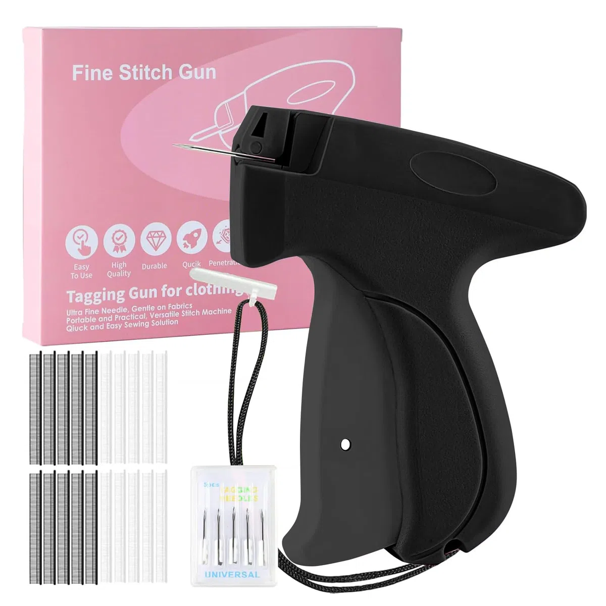 Pistola de coser a mano Mini – Máquina de coser portátil con 5 agujas + 1000 pinzas, reparación de rayos para ropa y cortinas, kit de costura de viaje para reparaciones textiles, negro