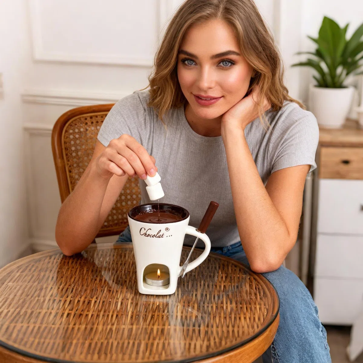Juego de taza de fondue de chocolate con tenedores de cerámica, calentador de mantequilla, kit portátil de taza caliente para derretir queso para dulces y fiestas de caramelo