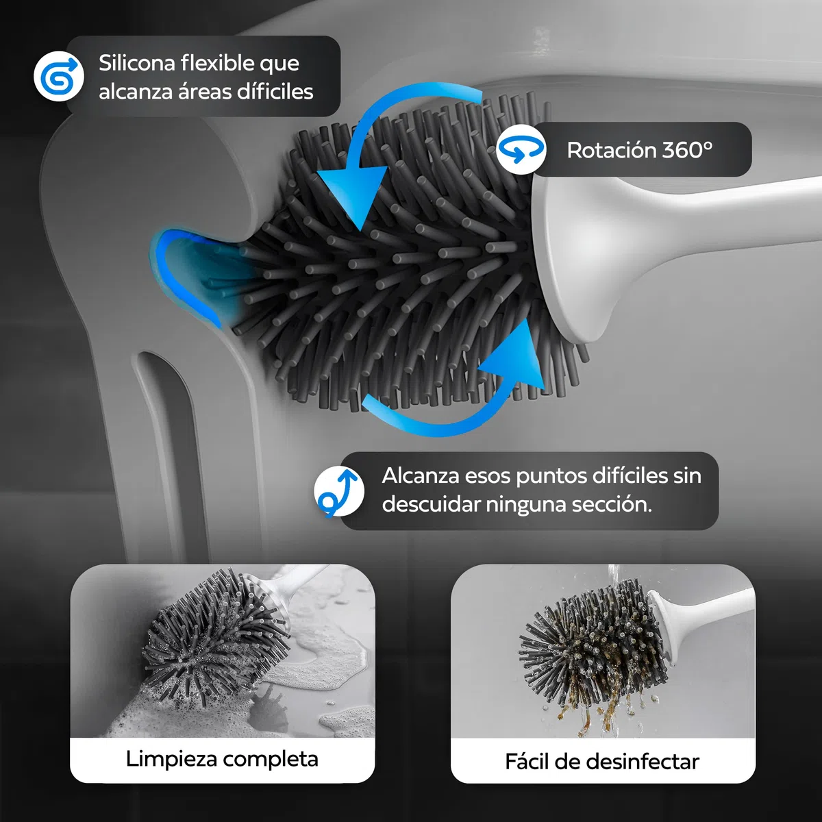 Escobilla de Baño con Dispensador de Jabon - Escobilla WC de Silicona para Limpieza Inodoro - Cepillo Baño con Dispensador de Jabón Recargable y Botón para Líquido - Incluye Adhesivo Pared