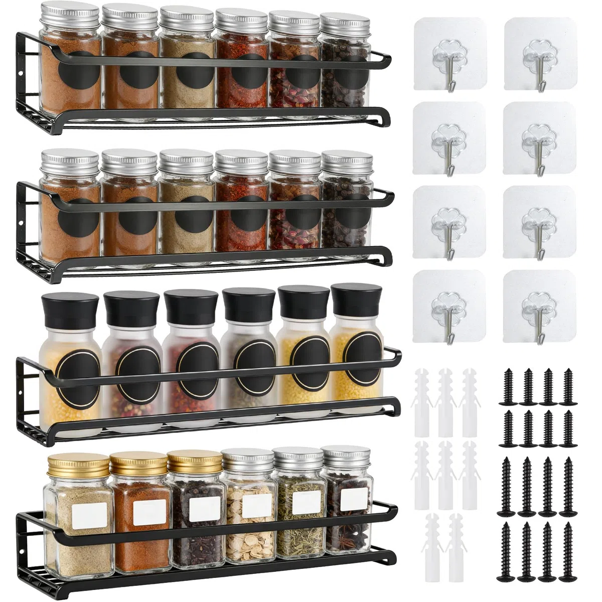 Estante De Especias De Pared, Estante De Almacenamiento De Condimentos De Metal De Cuatro Niveles, No Requiere Perforación, Especiero Colgante, Adecuado Para Cocinas Y Armarios