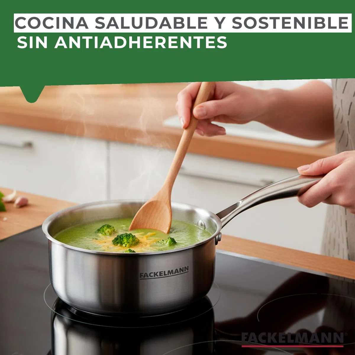 Fackelmann Vita3 Cazo Inoxidable 16 cm, Acero Inoxidable Triply con Triple Fondo Difusor, Sin Antiadherente, Sin PFA, Apta para Inducción, Gas, Vitro y Horno, Sellado Perfecto, Lavavajillas