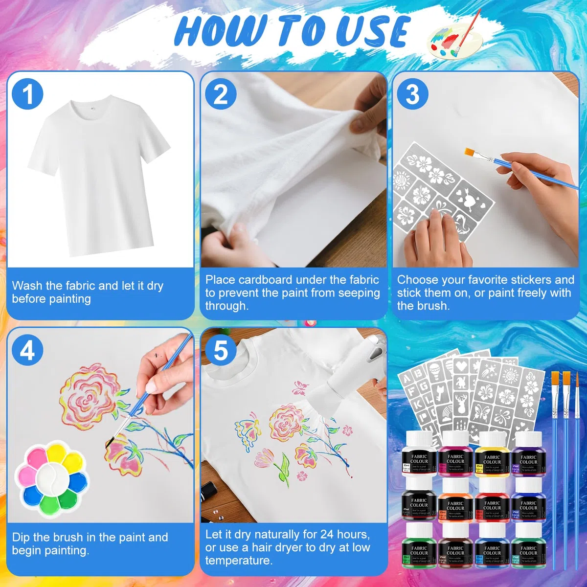 Pintura Textil Permanente y Lavable 12*25ml, Pintura de Tela, Pintura Textil, Fabric Paint, Pintura para Tela Permanente y Lavable, Adecuado para Pintar Sobre Diversos Tejidos, con 4PCS Plantillas