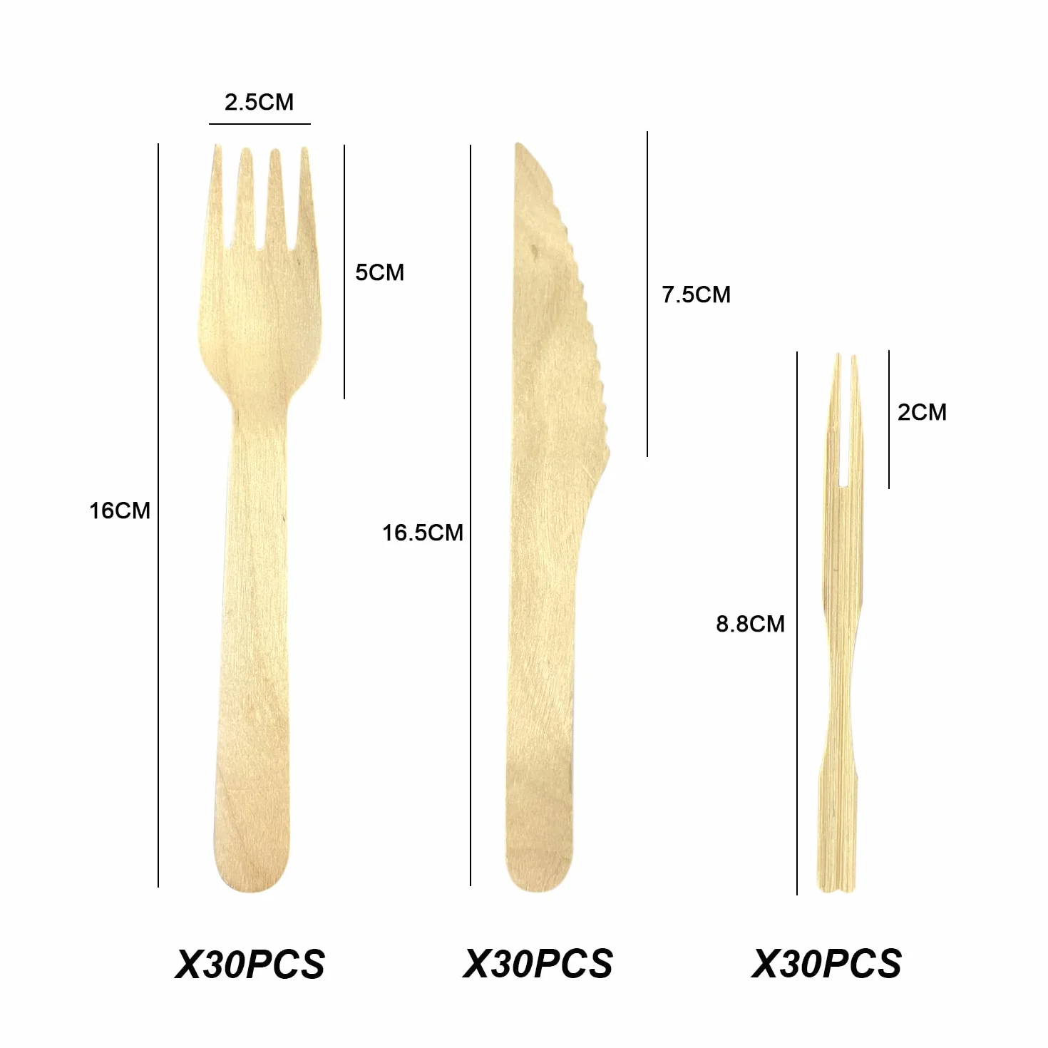 Juego de tenedor y cuchillo de madera desechable de 90 piezas, incluye 30 cuchillos, 30 tenedores y 30 palitos de fruta de bambú degradable