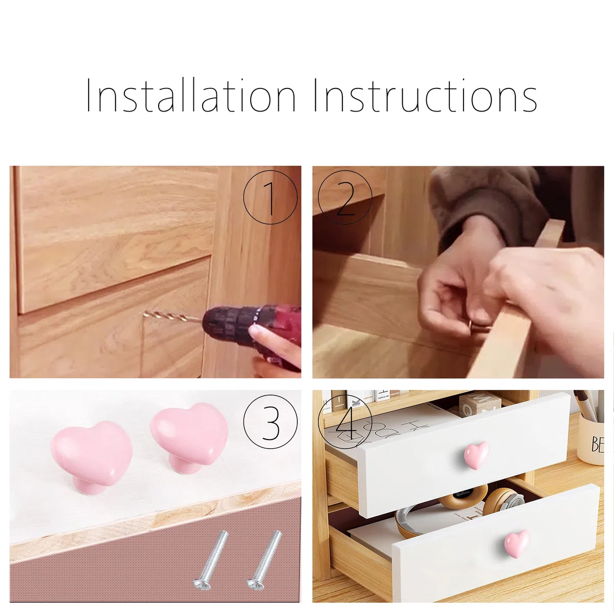 Pack de 10 Pomos para Muebles de Cerámica en Forma de Corazón Rosa - Tiradores con Tornillos Incluidos para Cocina, Armarios, Gabinetes y Más‌