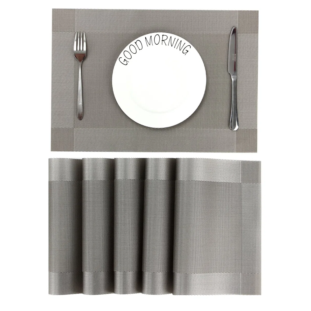 Manteles Individuales Lavables Salvamantele Individuales PVC Antideslizantes Resistente al Calor Juego de 6 para la Mesa de Comedor de Cocina,(Gris+Plateado)