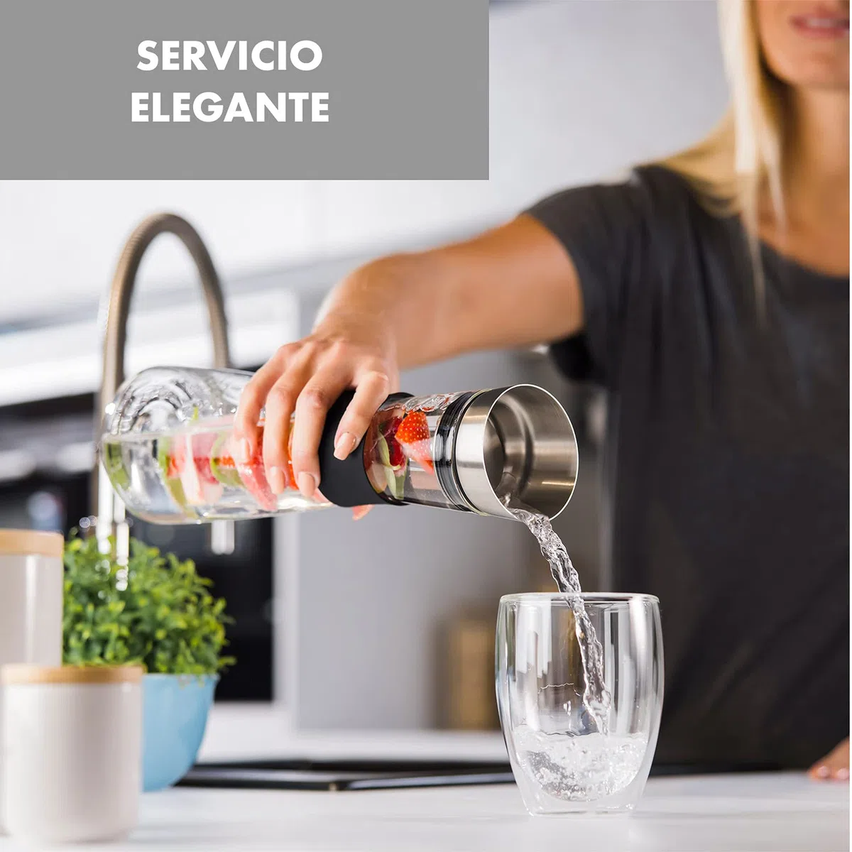 Jarra Agua Cristal (1L), Brocheta de Fruta con Tapón Extraíble, Tapa de Acero Inoxidable, Jarra de Agua de Vidrio Borosilicato, Asa Silicona, Apta lavavajillas, Libre de BPA