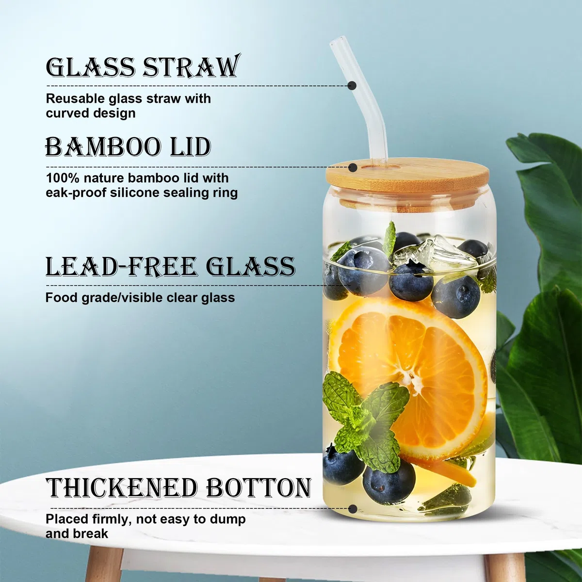 Nuangoo 4 Piezas 500 ml Taza de Té Burbuja con Tapa y Pajita, Vasos para Beber con Tapas de Bambú y Popotes,Vaso de Cristal para Batidos, Latte, Macchiato, Whisky