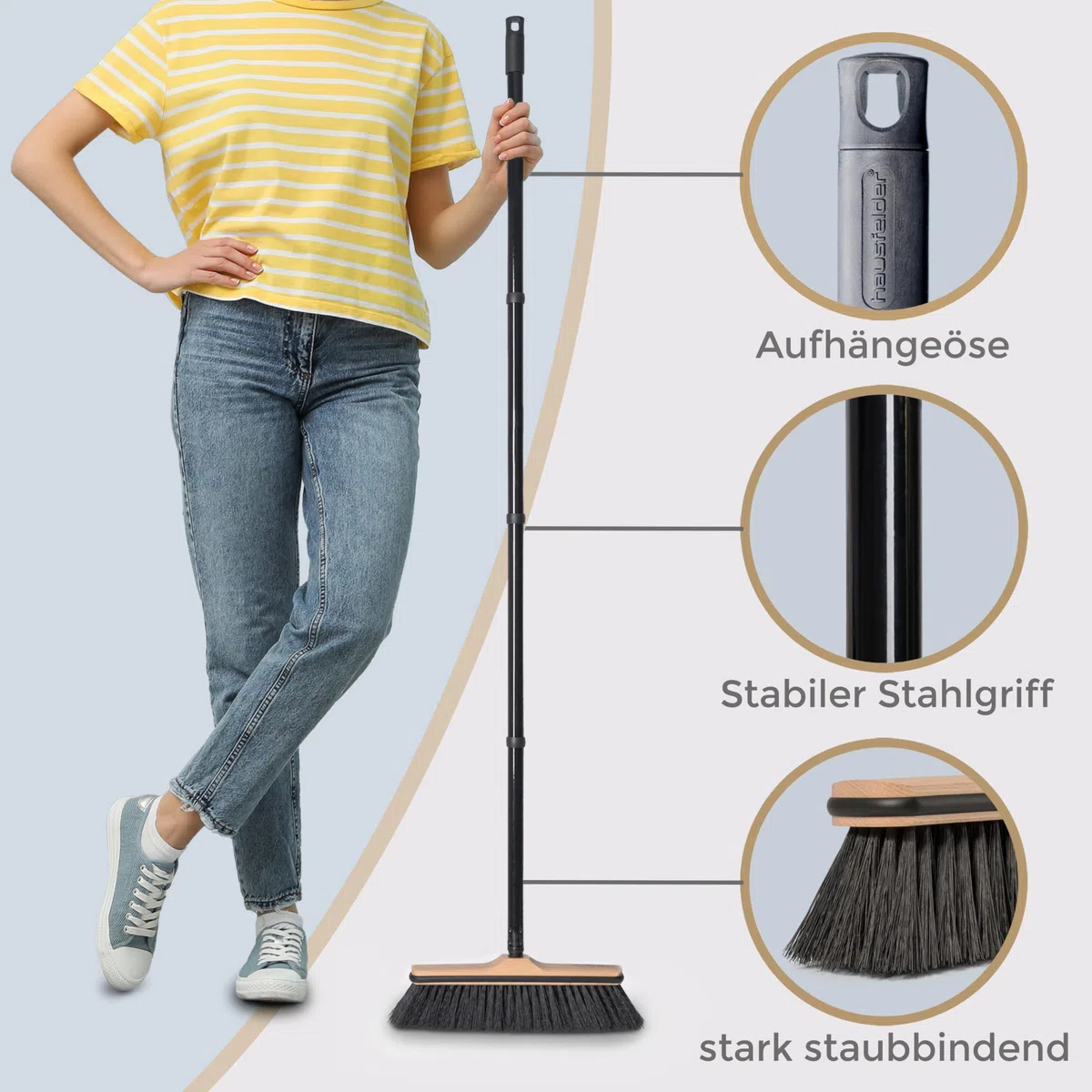 Hausfelder Escoba de 30 cm con mango de 4 piezas y protección de bordes, escoba para parqué, azulejos, interiores, escoba con cerdas sintéticas suaves para el cabello, polvo, mango de tornillo para
