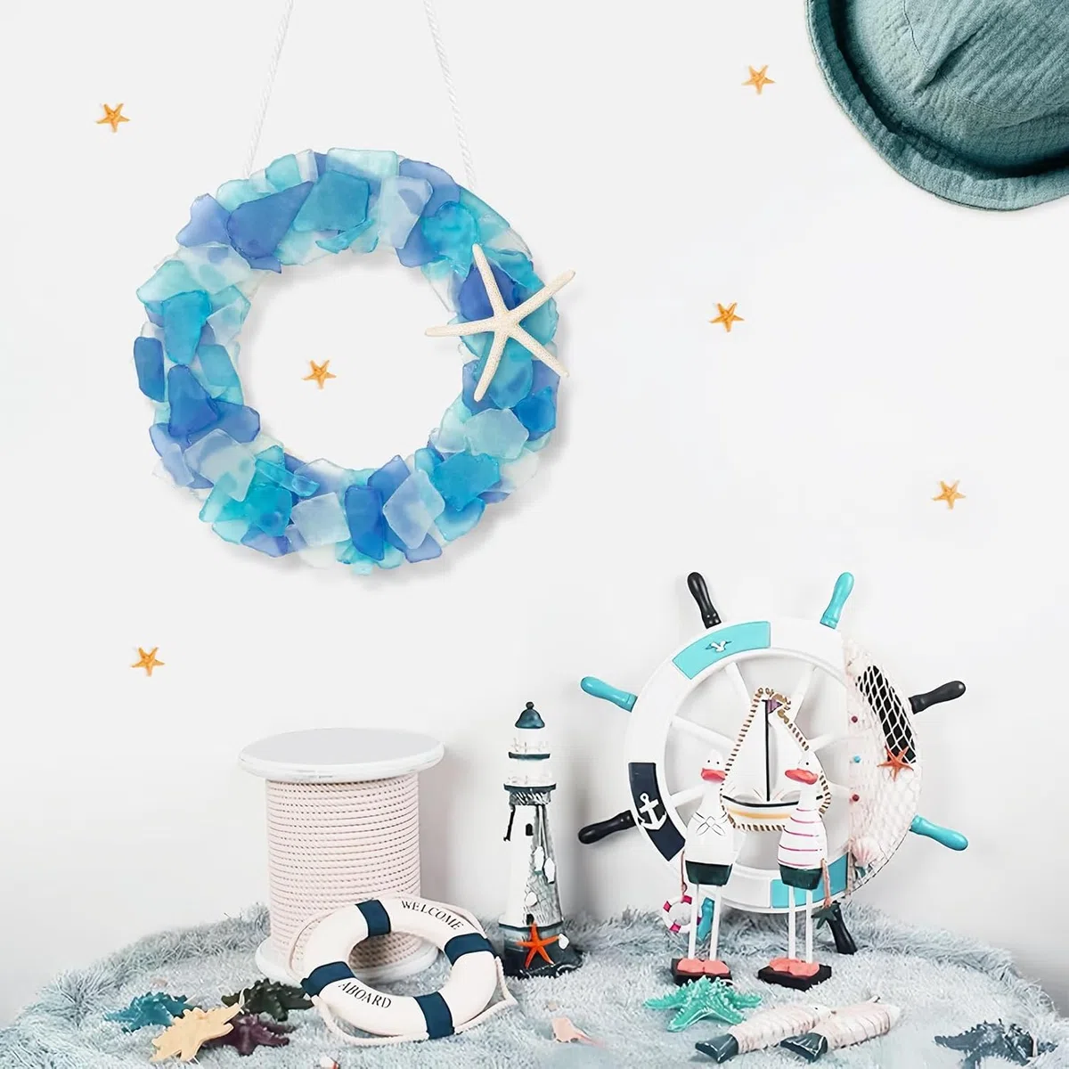 Corona de cristal de mar – Corona de playa hecha a mano de 21,5 cm, estilo costero, coronas de decoración navideña para decoración del hogar, puerta, ventana, armario de cocina, silla y pared