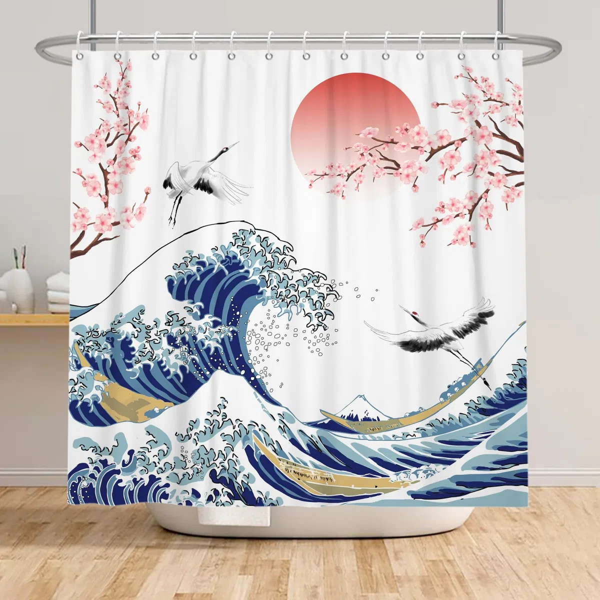 Cortina de Baño 180x180cm de Olas Gigantes y Tinta de Cerezo Asiático - Paisaje con Ganso Volador - Tela Decorativa Impermeable con Ganchos