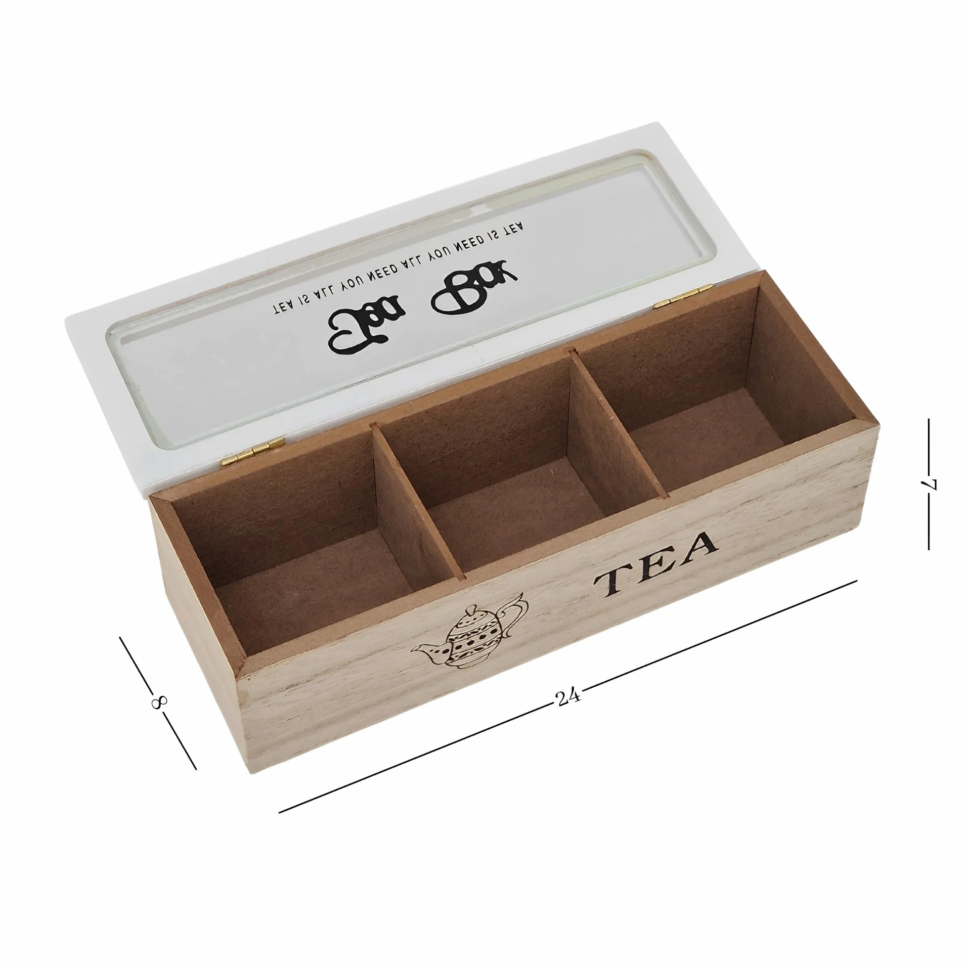 Caja portar infusiones de madera, 3 Tea Box, bolsitas blancas 24 x 8 x 7 cm