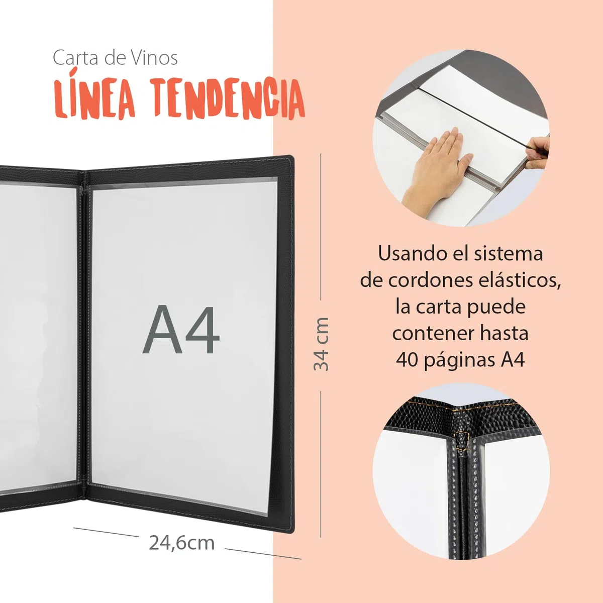 SECURIT - Carta de Vinos Trendy Line - 2 Insertos Fijos = 4 Hojas A4 - Café, Bar, Restaurante - PVC - Color Negro