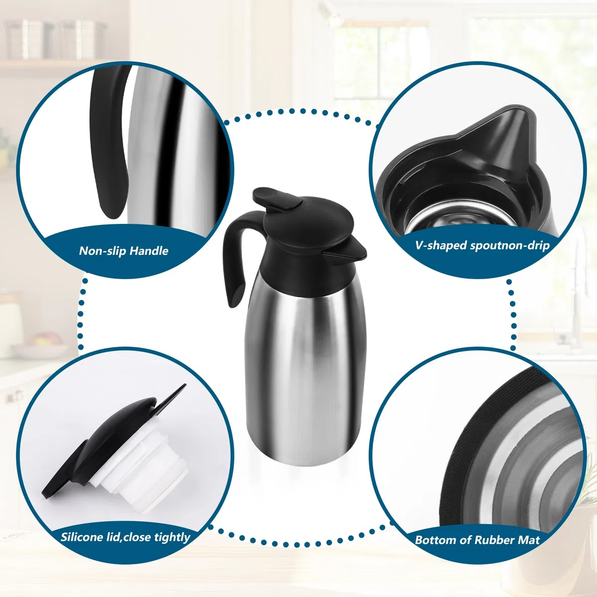 2 Litros Jarra Termo, Jarra Térmica se Acero Inoxidable, Termo con Aislamiento Térmico, Se Mantiene Caliente Durante 24 Horas, Termo Grande Para Café, Té, Agua, Bebida, Jarra Caliente