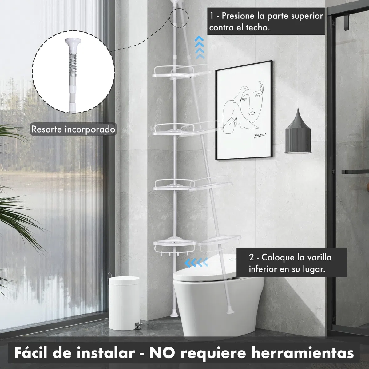 T-LOVENDO.ES Estantería de esquina ducha o bañera telescópica sin taladro de pie esquinera. Extensible altura ajustable. 4 baldas. Desde 85cm a 260cm. Acero y plástico. Blanca