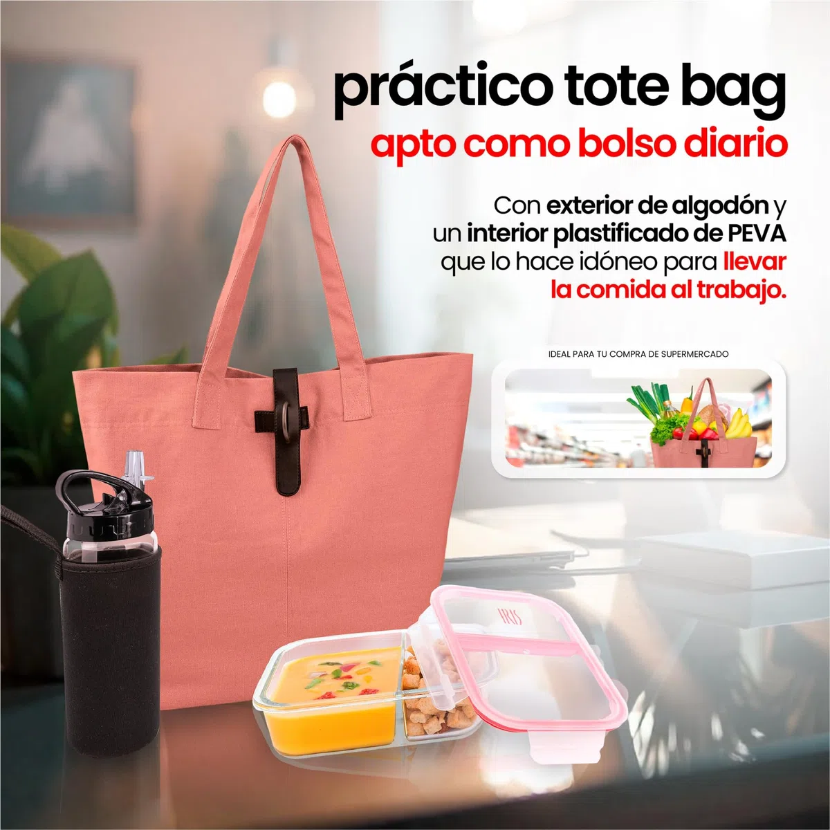 IRIS BARCELONA - Natural Tote Bag, Bolsa Tote Estilo Lunch Bag y Bolso de Hombro 45,5 x 15,5 x 37 cm 15 l Rosa