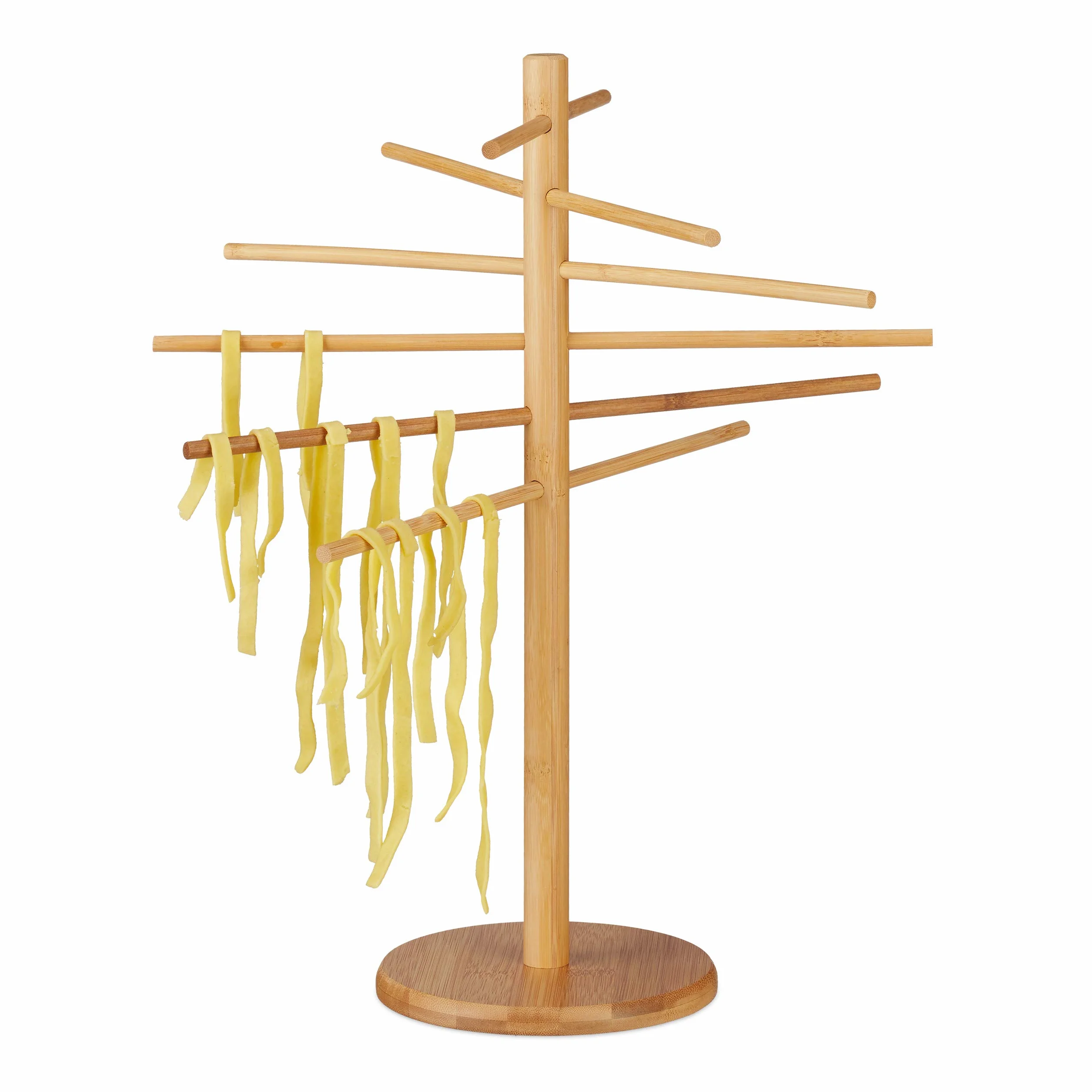 Relaxdays Secador de pasta, 12 varillas, Plegable, Para fideos & Espagueti, Bambú, Marrón