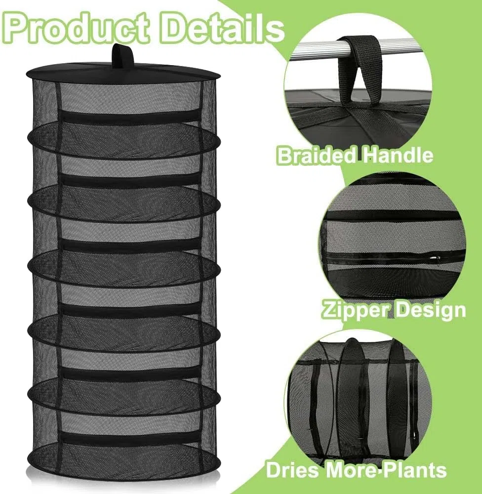 Red de secado para hierbas, 6 capas para plantas, especias y hierbas, con tijeras de podar y ganchos, plegable con cremallera (negro y negro)