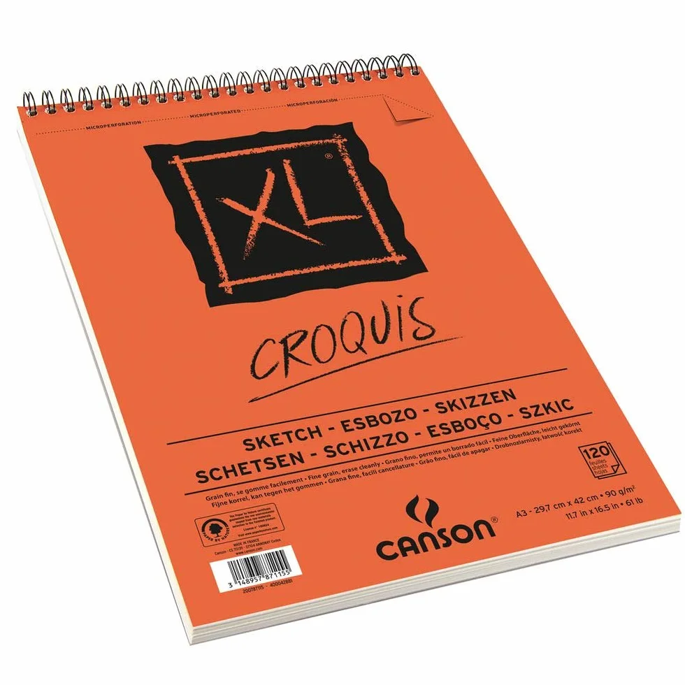 Canson XL, Papel de esbozar, Grano fino, 90g, Espiralados sobre el lado corto, A3-29,7x42cm, Marfil, 120 hojas