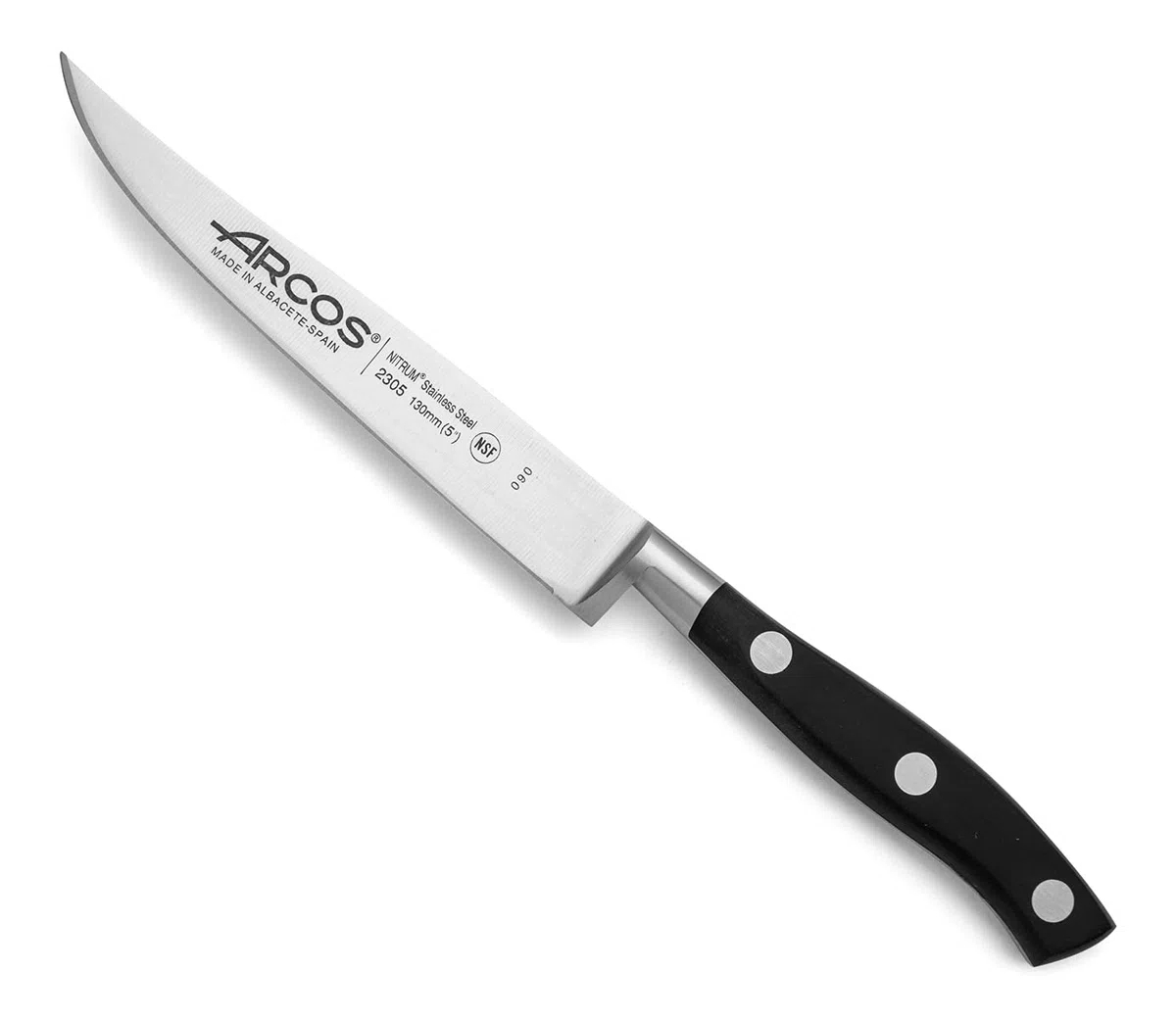 ARCOS Cuchillo carne 130 mm y 5 pulgadas con Hoja Acero Inoxidable 130 mm, Cuchillo cocina profesional cortar una variedad alimentos, Mango ergonómico polioximetileno POM, Serie Riviera, Color negro