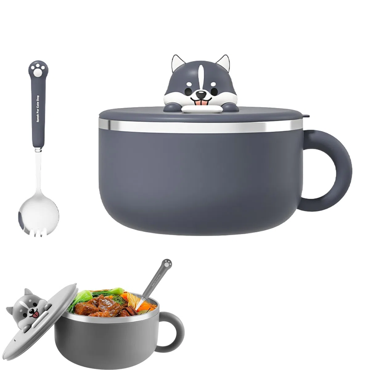 Ramen - Cuenco para pasta, cuenco de ramen, 1200 ml, cuencos de sopa con asas, cuenco de servicio instantáneo portátil con tapa y cuchara, cuenco de pasta instantánea con tapa para sopa (gris oscuro)