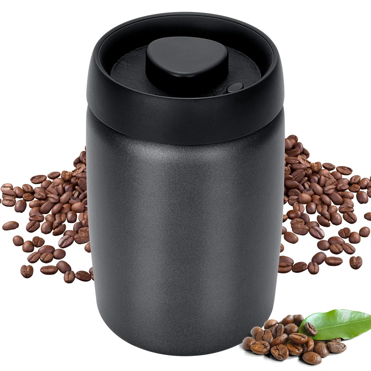 Cozary Bote para Café, Tarro de 1.2L Hermético de Acero Inoxidable con tapa de vacío, para almacenar granos de café, té, nueces, especias, cacao, etc (negro)