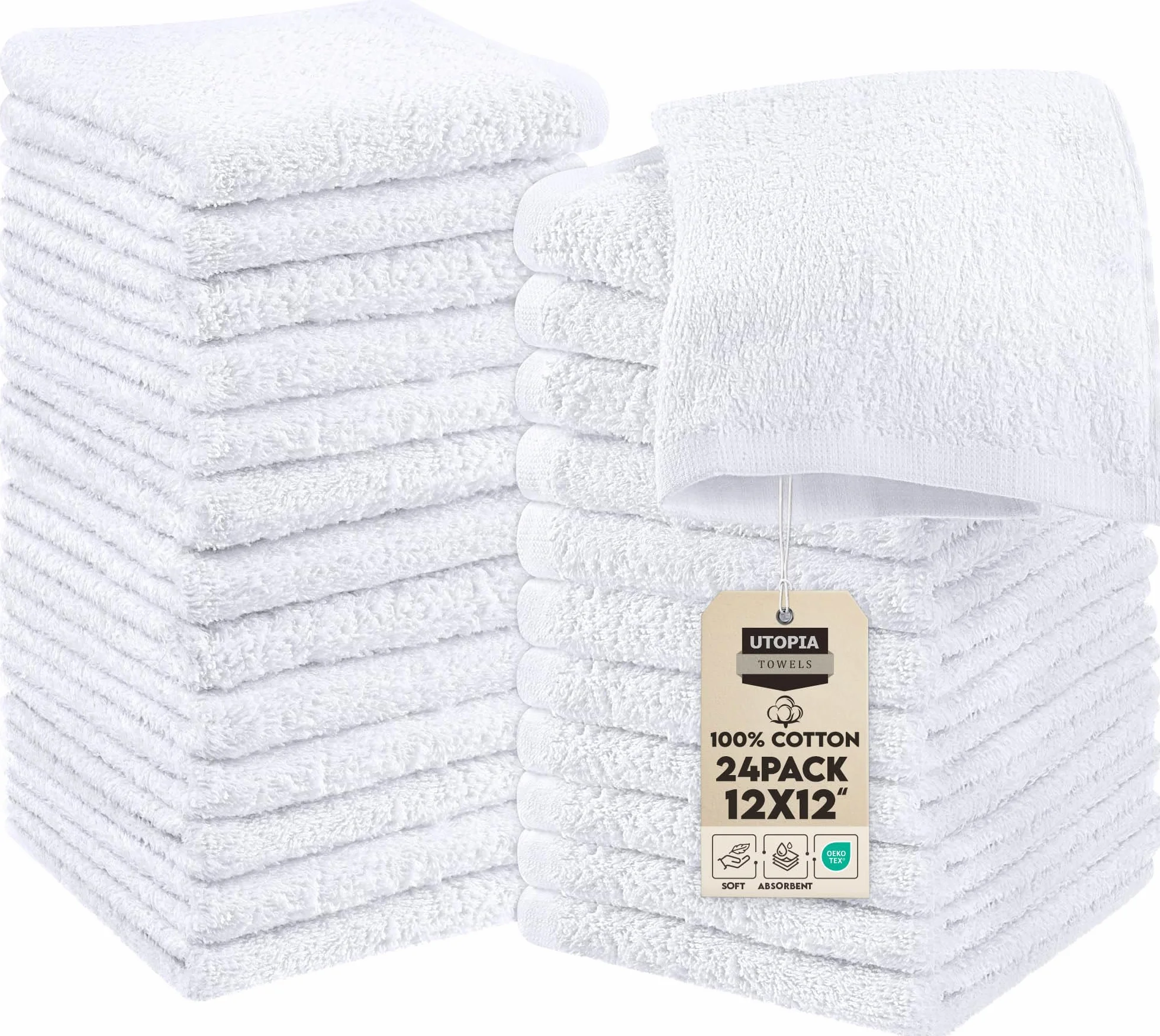 Utopia Towels - Paño Extra Absorbente de Lavado de Algodón Puro Multiuso, Toalla, Gimnasio, SPA - Paquete de 24, 30 x 30 centímetros, Blanco