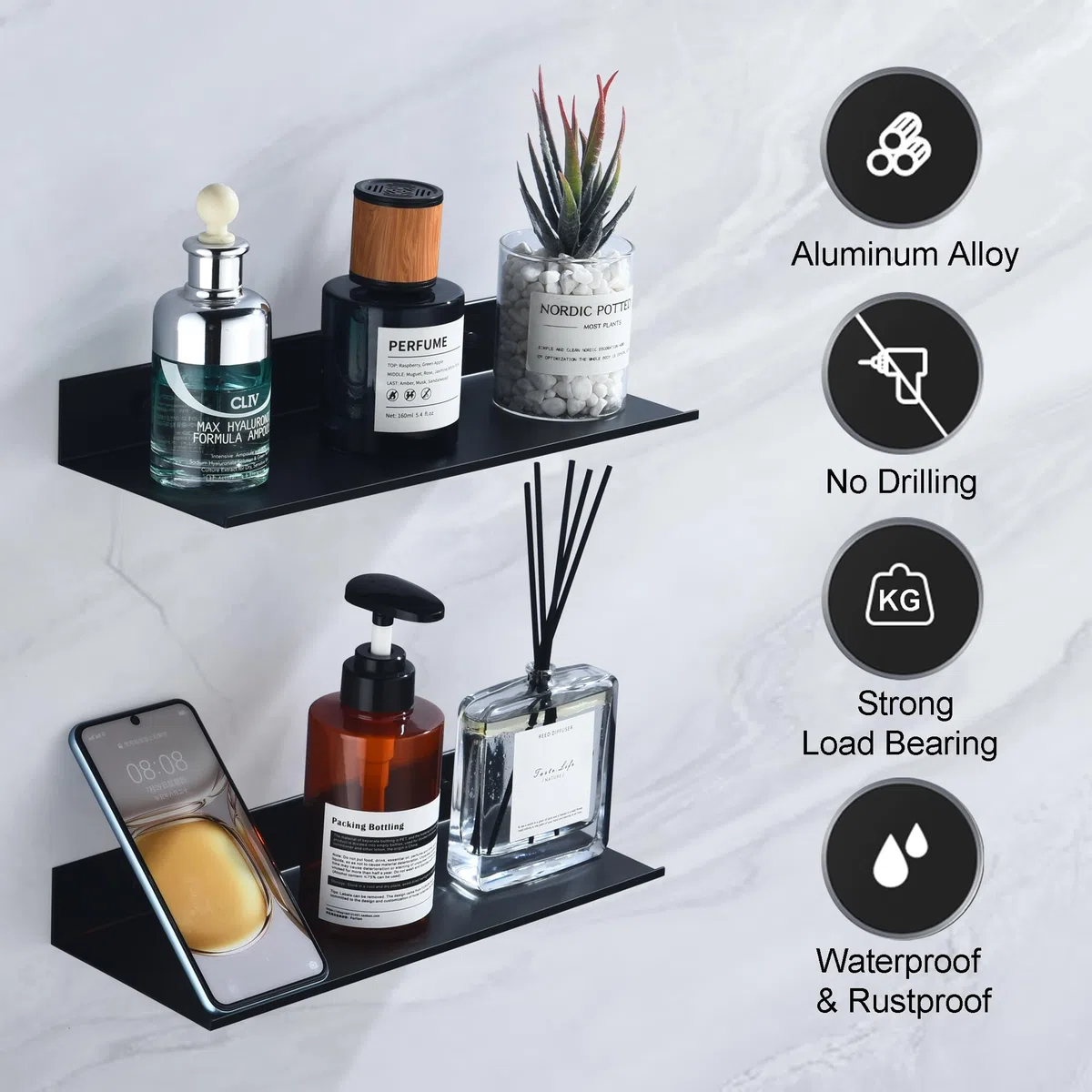 HNVNER Negro Estanteria Pared Juego de 2, Metal Estanteria Baño Sin Taladro 30CM, Antioxidante Estante Ducha, Moderno Baldas Flotantes Pared para Sala de Estar, Dormitorio, Cocina, Sala de Estudio